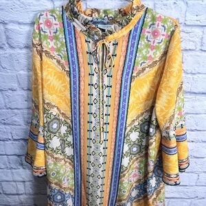 Umgee XL Boho Print patchwork Tunic Dress Yellow floral print Flowy 3/4 sleeves